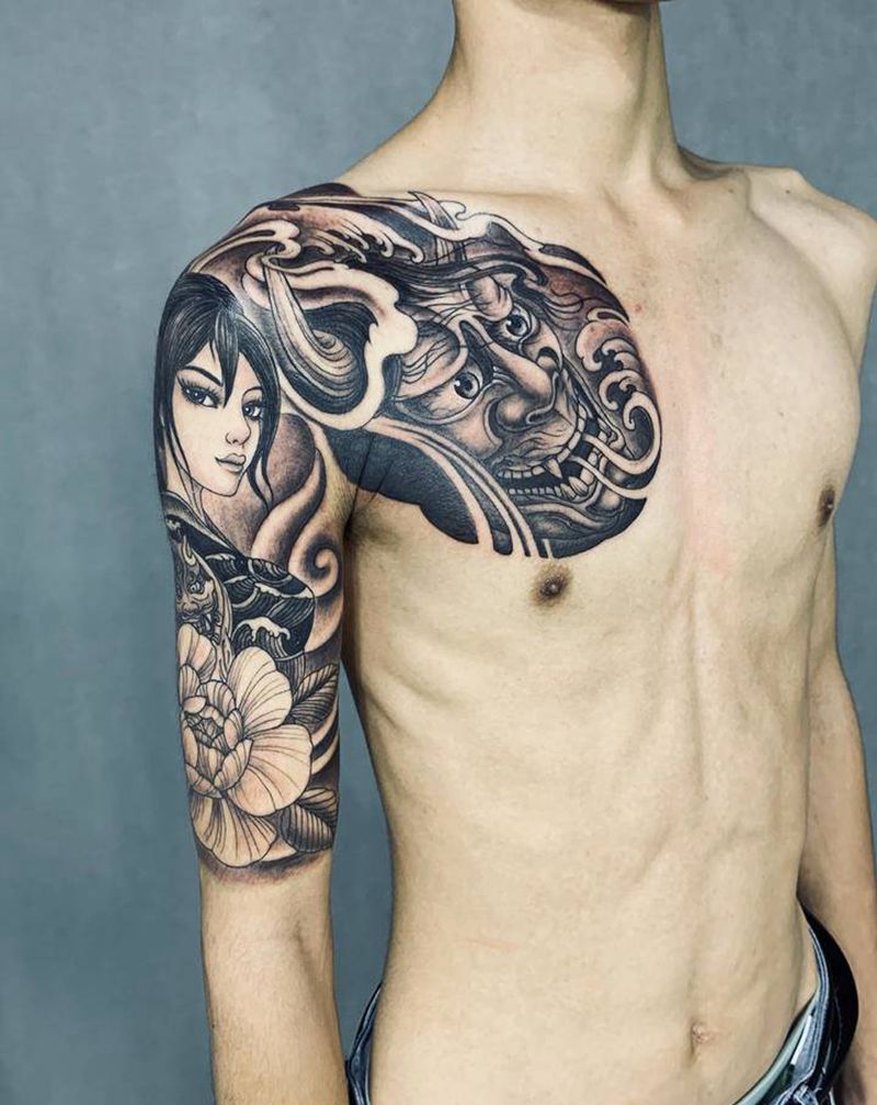 武士姬般若纹身图片_手臂胸部新传统老传统纹身图案