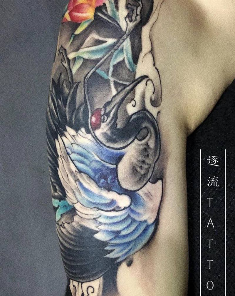 仙鹤纹身图片_手臂新传统纹身图案