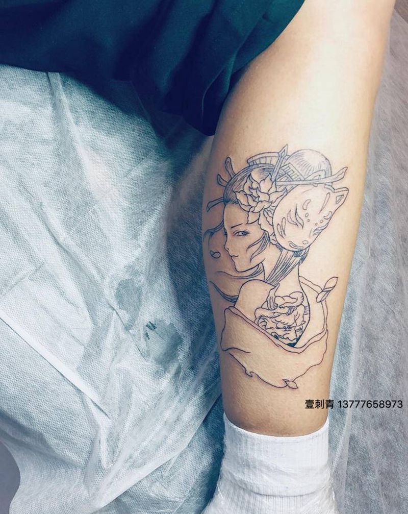 艺妓线条纹身图片_腿部纹身图案