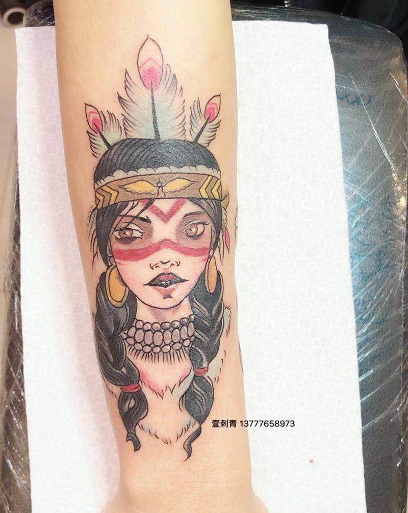 印第安女孩纹身图片_手臂纹身图案
