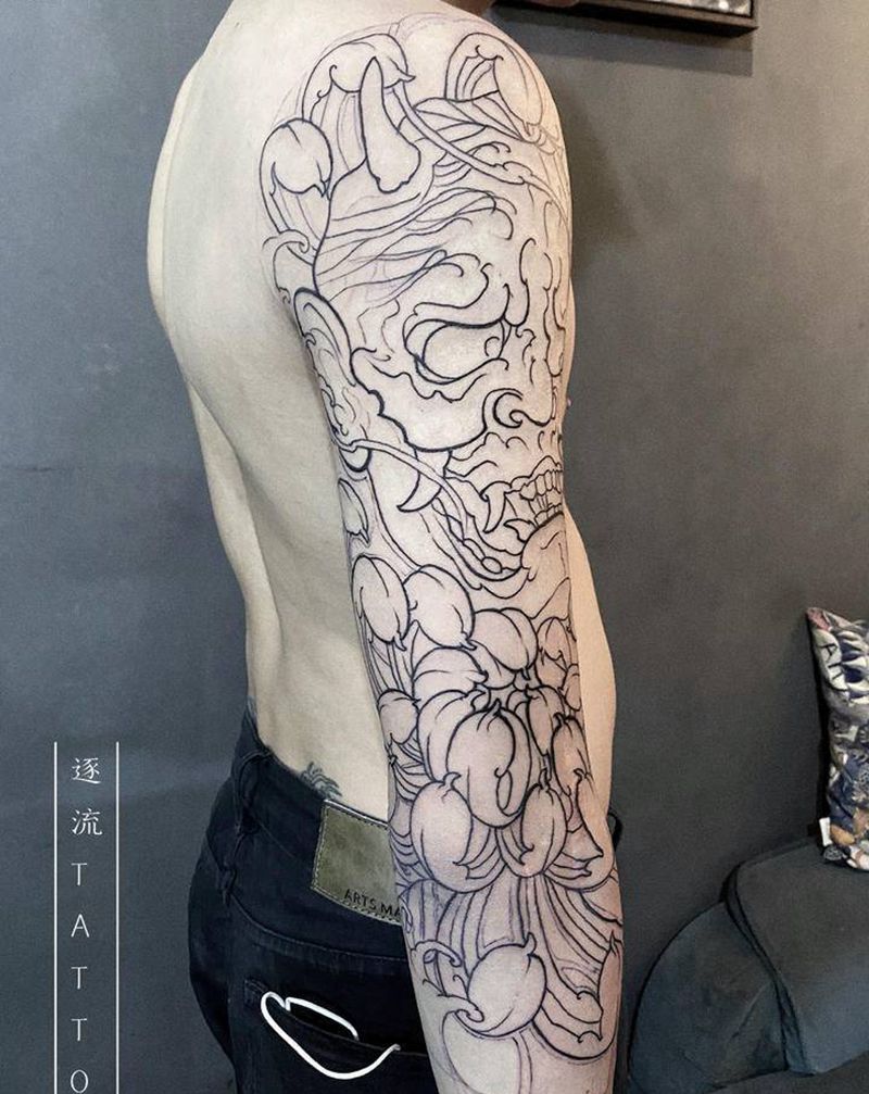 花臂七分袖纹身图片_手臂老传统新传统纹身图案