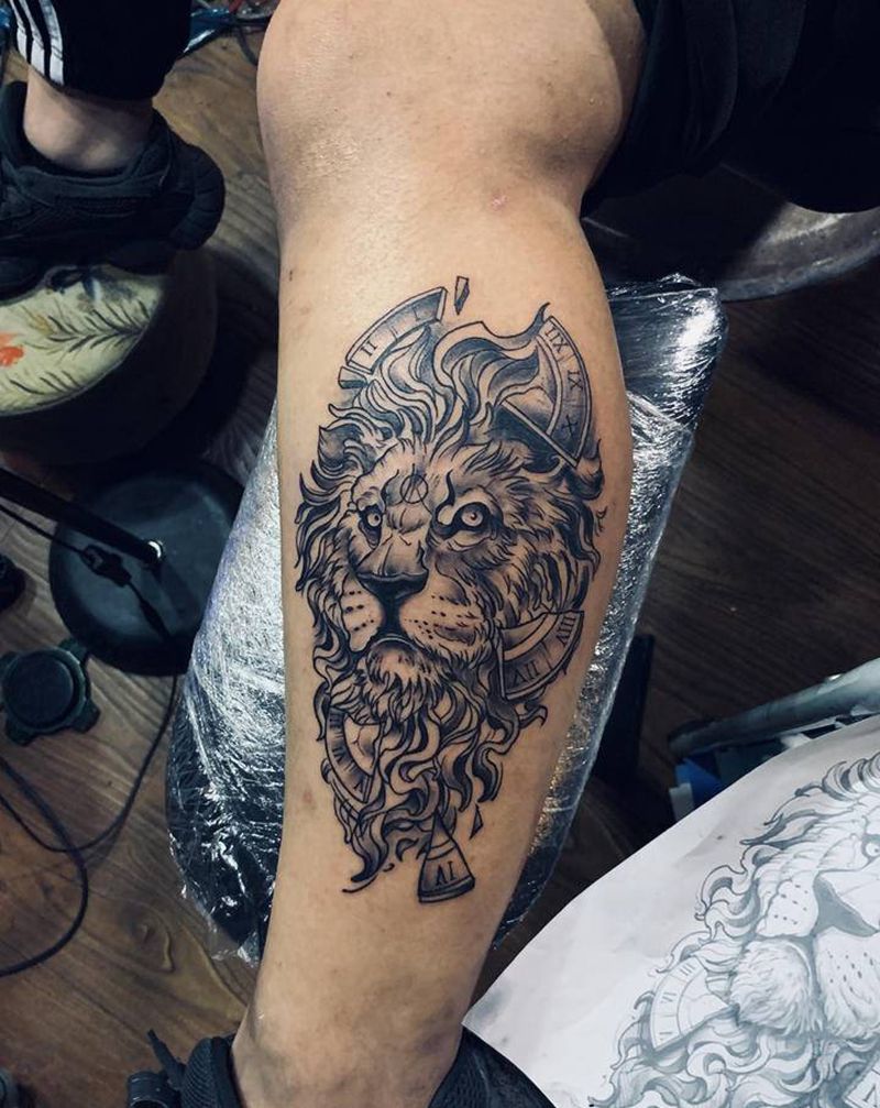小狮子纹身图片_腿部纹身图案