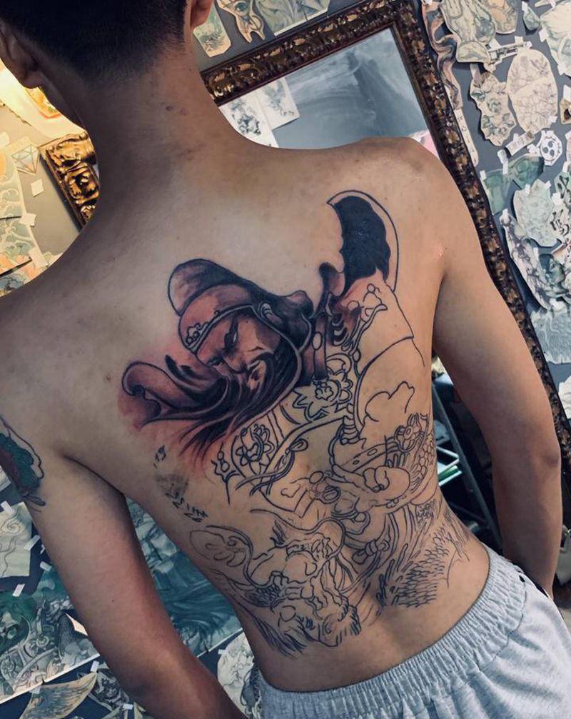 二爷未完成纹身图片_背部纹身图案