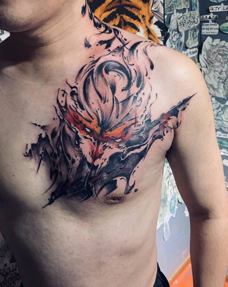 水墨妖猴纹身图片_胸部纹身图案
