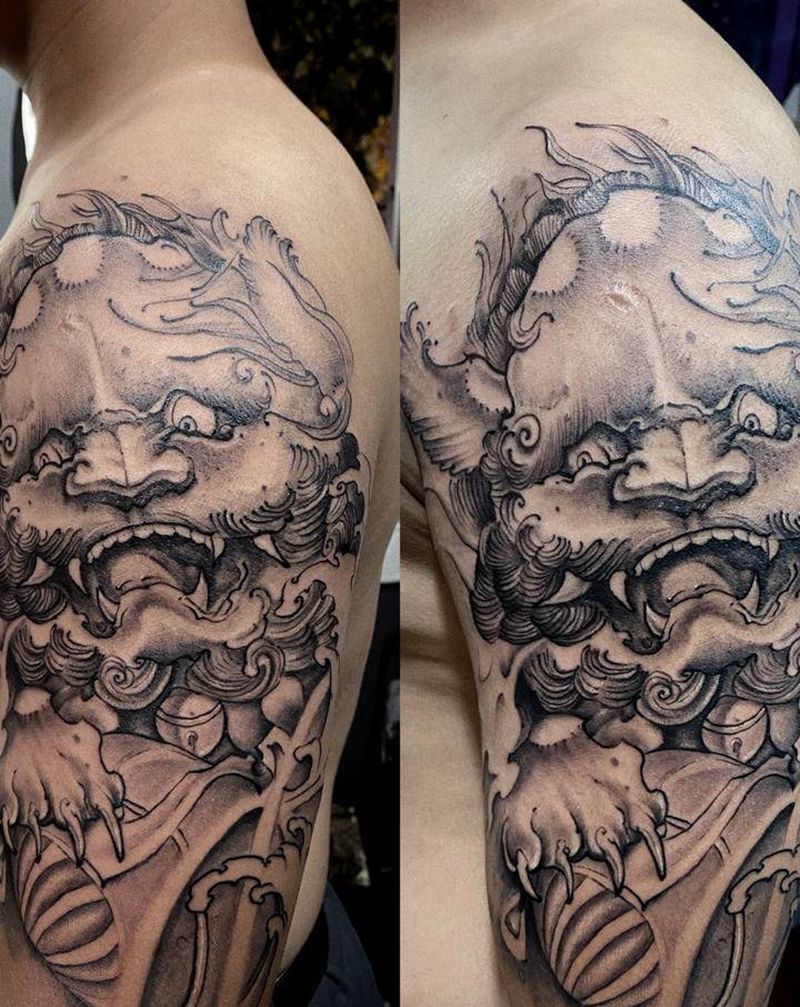 唐狮纹身图片_手臂新传统纹身图案