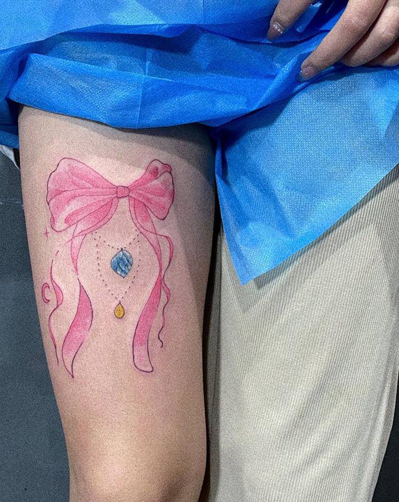 蝴蝶结纹身图片_腿部水彩纹身图案