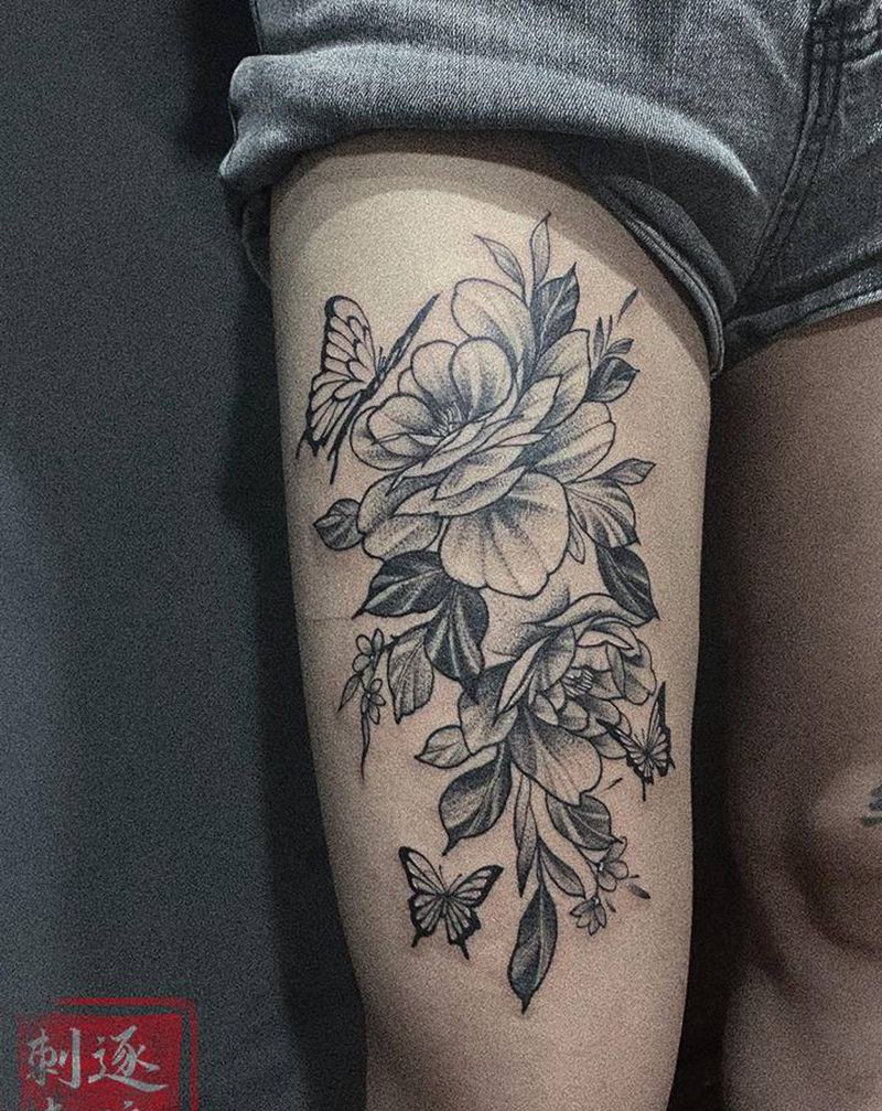 素花纹身图片_腿部点刺纹身图案