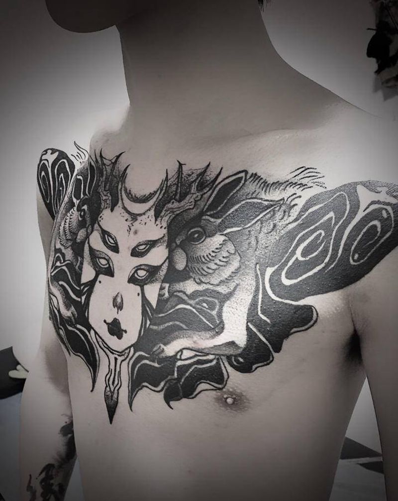 暗黑花胸纹身图片_胸部欧美写实点刺暗黑纹身图案