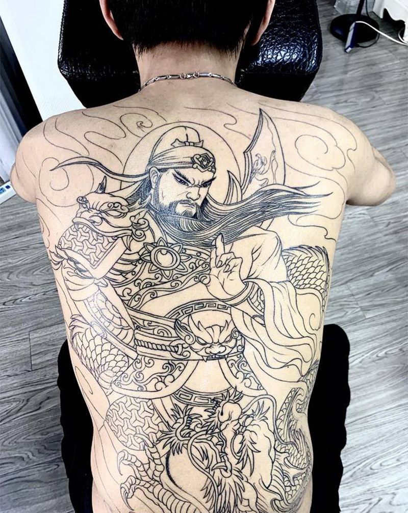 满背关羽纹身图片_背部新传统老传统纹身图案