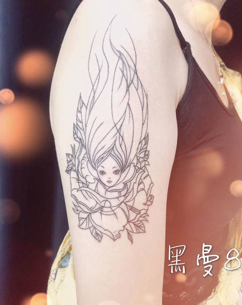 花丛中的小仙女纹身图片_手臂小清新人物仙子纹身图案