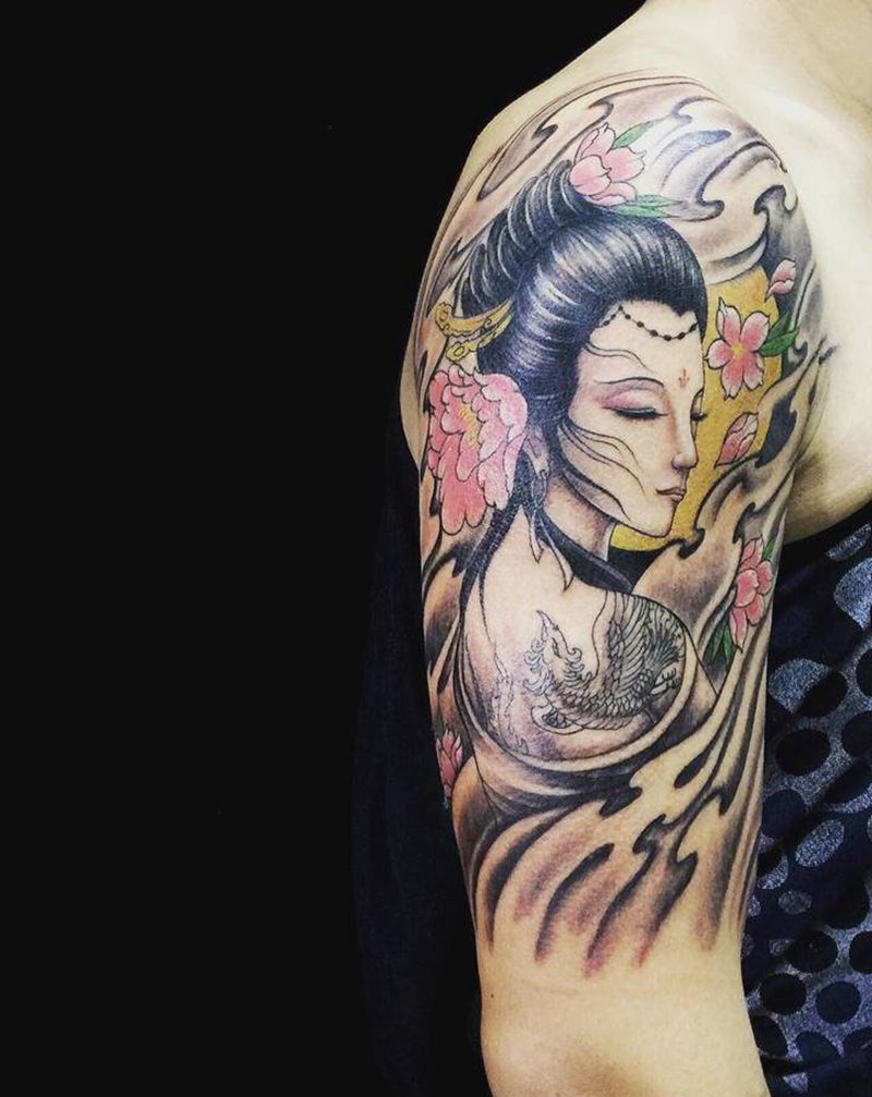 艺妓纹身古典仕女纹身纹身图片_手臂新传统艺妓仕女 美女纹身图案