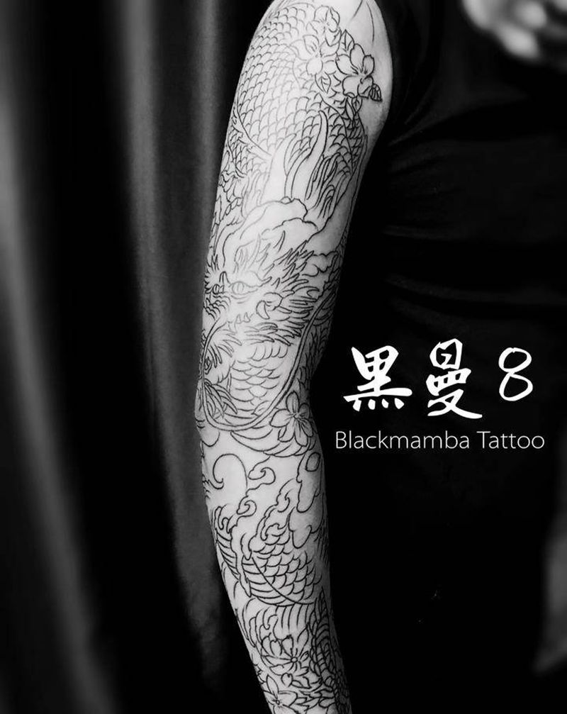 老传统花臂纹身图片_手臂老传统龙纹身图案