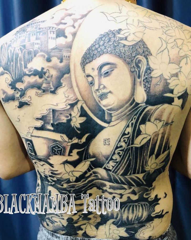 如来纹身图片_背部新传统佛如来纹身图案