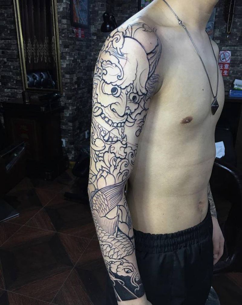 花臂般若鲤鱼 、未完成待续纹身图片_肩部手臂新传统纹身图案