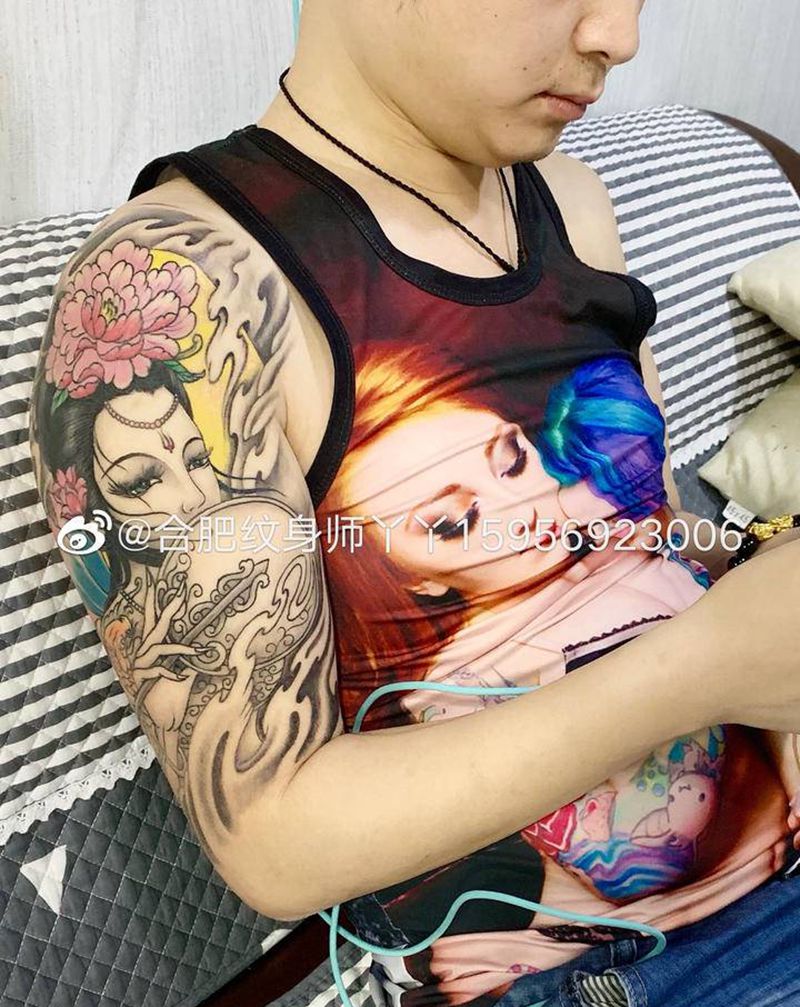 买家秀纹身图片_手臂新传统中国风仕女艺妓纹身图案