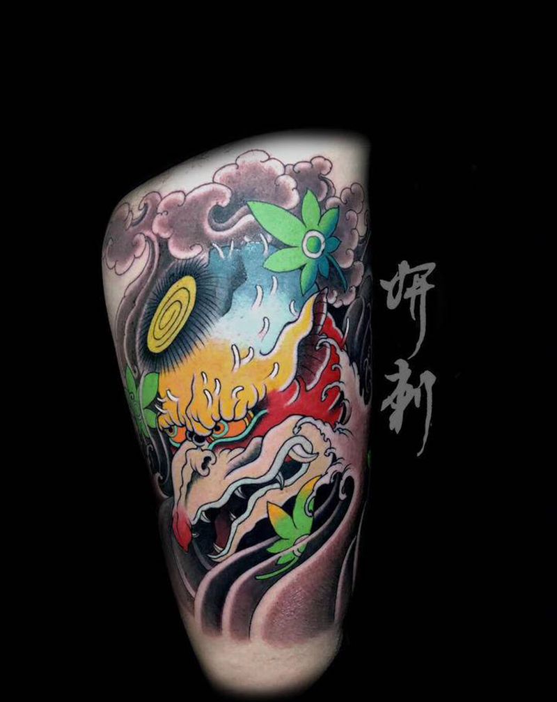 河童纹身图片_腿部新传统纹身图案