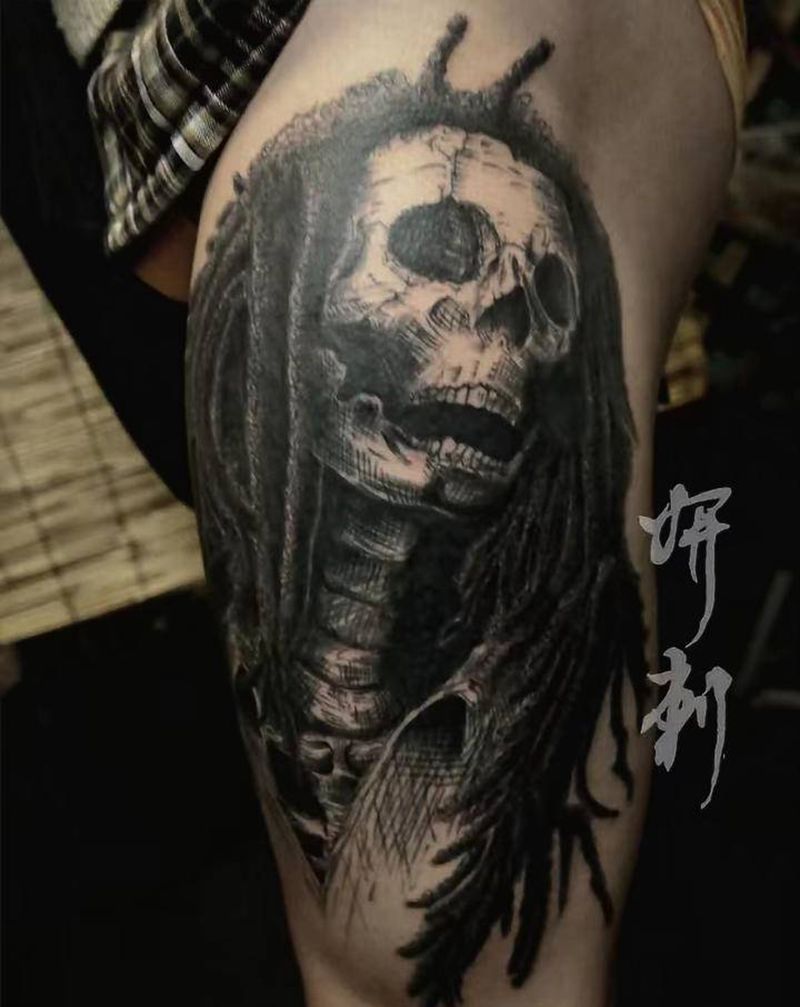 鲍勃马丽纹身图片_腿部点刺图腾线条 点刺纹身图案