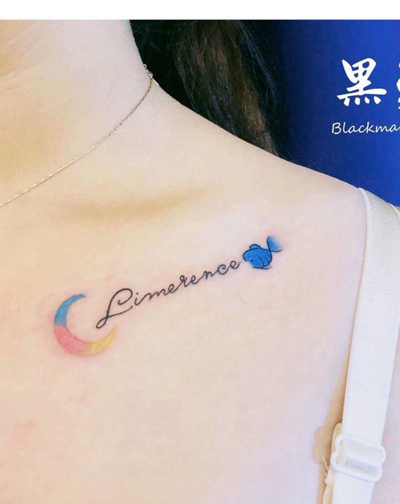 双鱼座纹身图片_胸部水彩小清新小鱼彩虹月亮纹身图案