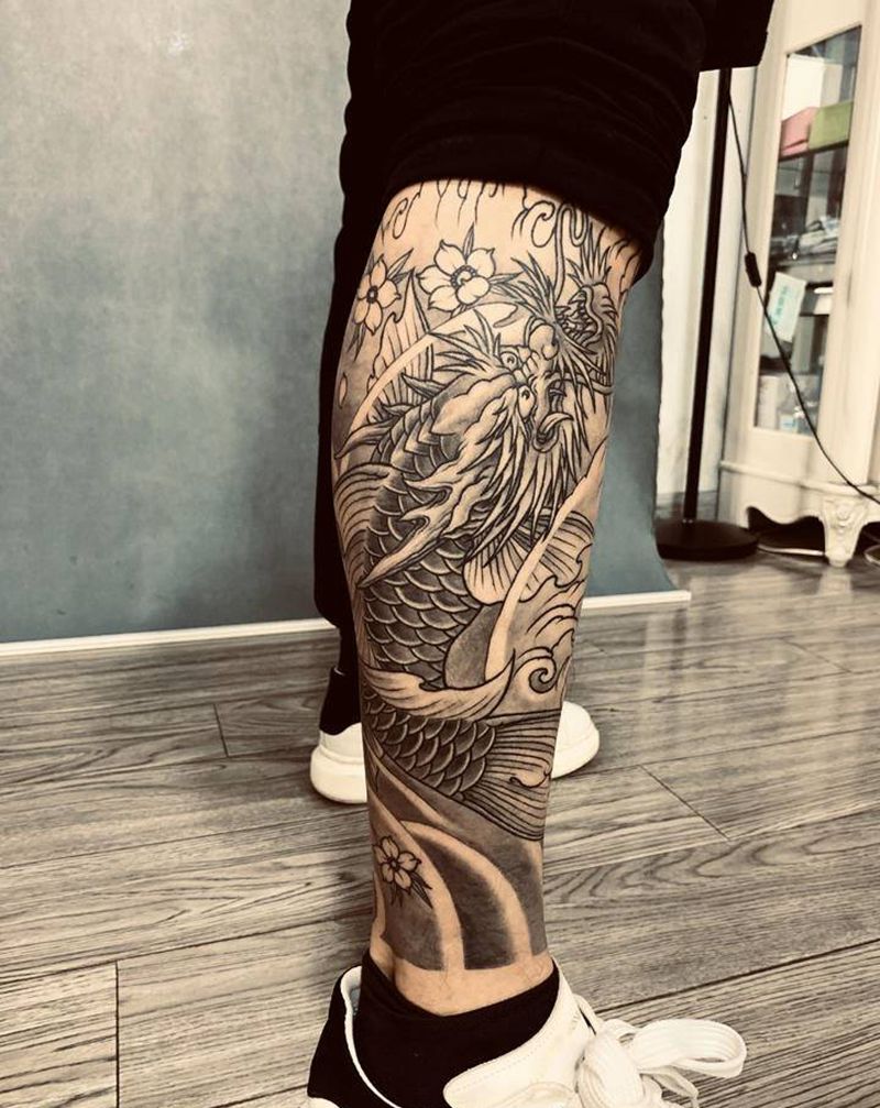 小腿鳌鱼纹身纹身图片_腿部新传统包小腿鱼鳌鱼纹身图案