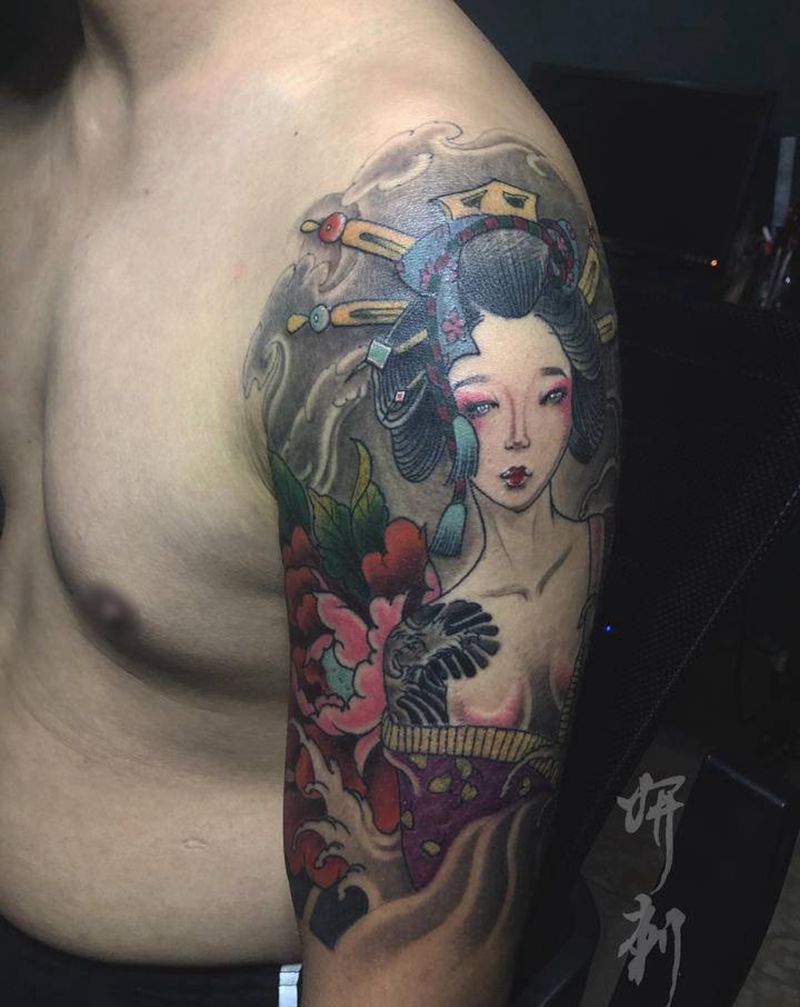 艺妓纹身图片_手臂老传统新传统艺妓牡丹花纹身图案