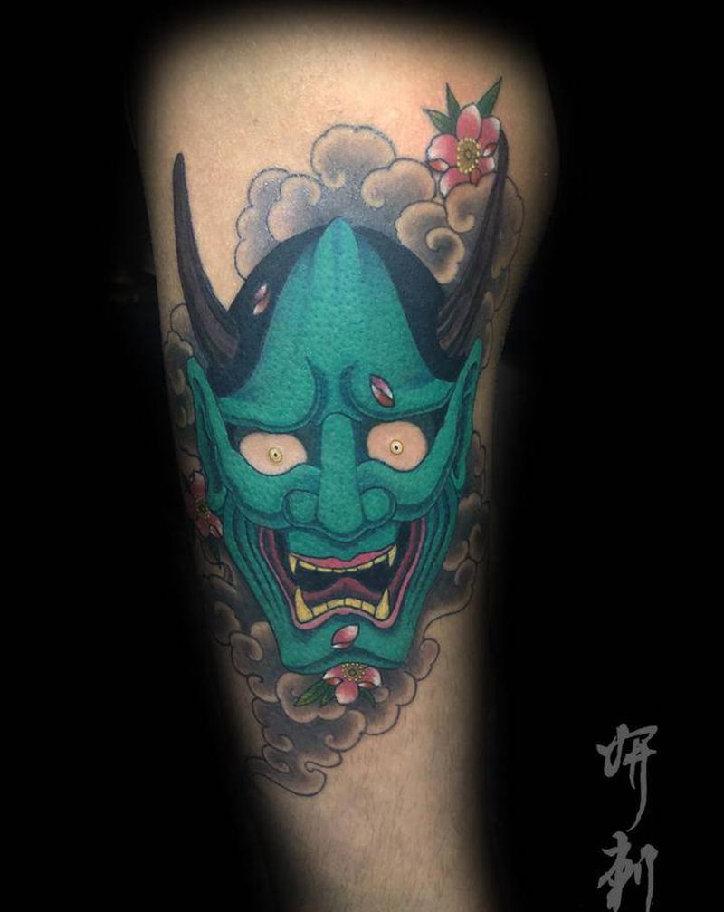 般若纹身图片_腿部老传统新传统般若樱花纹身图案