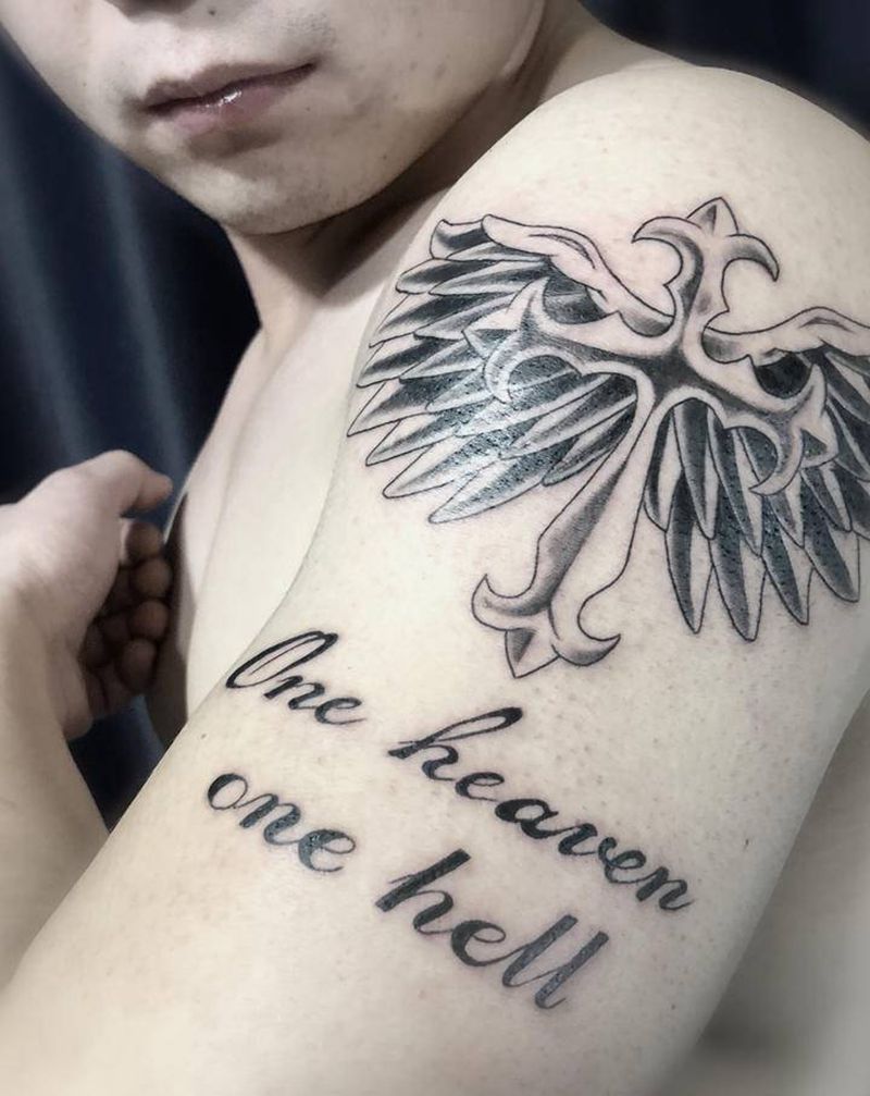 Heaven Hell纹身图片_手臂欧美写实十字架翅膀纹身图案