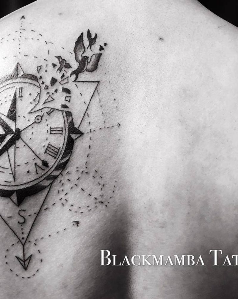 领航远去纹身图片_背部New School几何指南针小鸟纹身图案