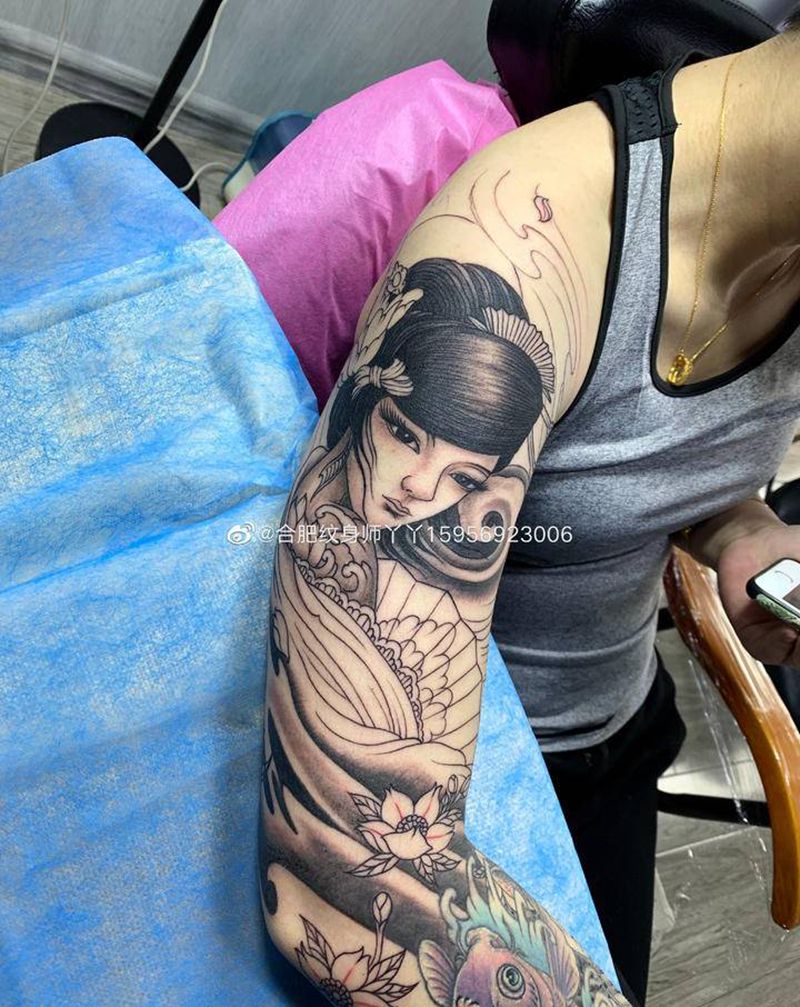 中国风仕女花臂纹身图片_手臂新传统中国风仕女艺妓纹身图案