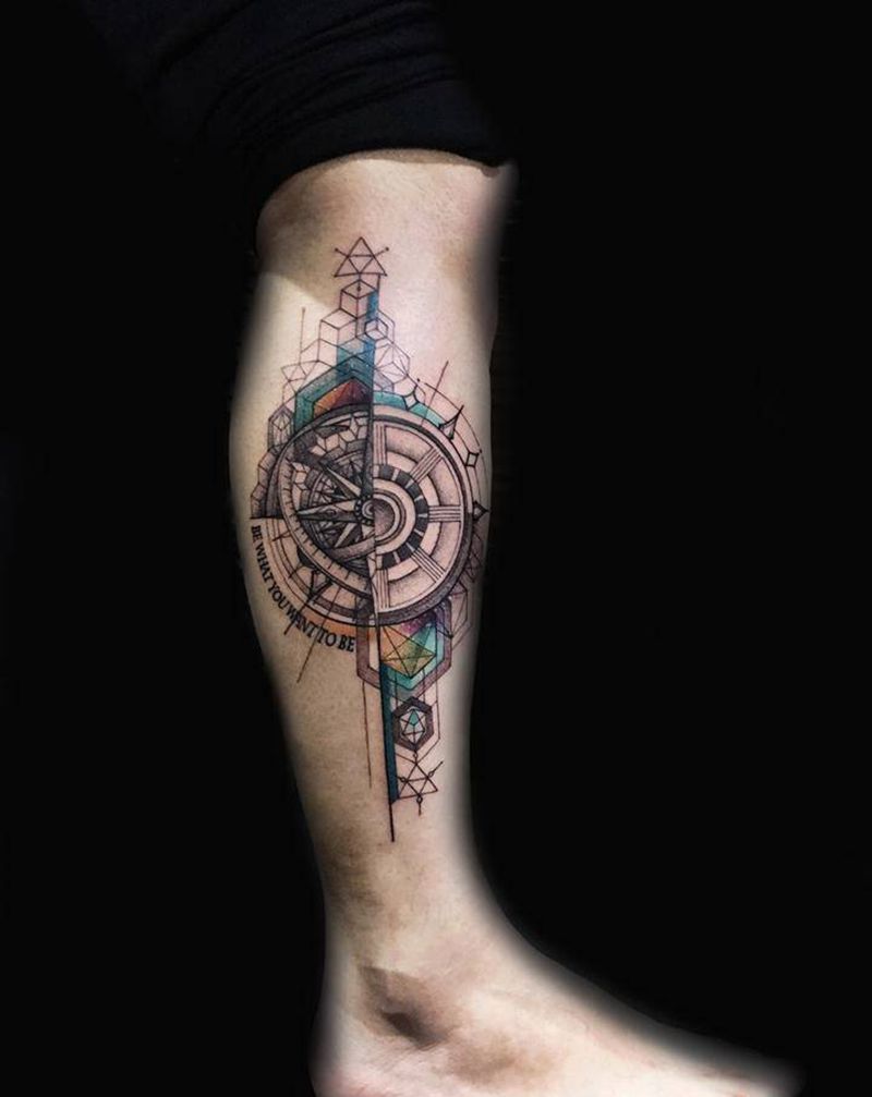 指南针纹身图片_腿部点刺水彩纹身图案