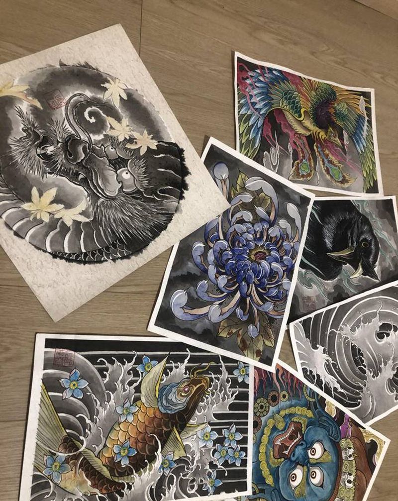 不能出门 就在家画画吧纹身图片_背部手臂老传统新传统鱼龙花纹身图案