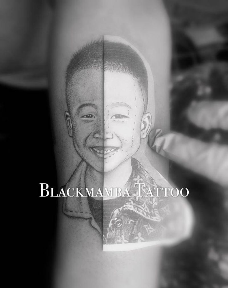 你是我的唯一纹身图片_手臂欧美写实花体字人像英文照片纹身图案