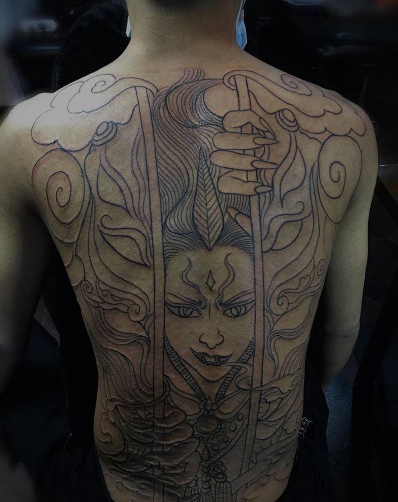 出关修炼成功 未完成纹身图片_背部新传统老传统纹身图案