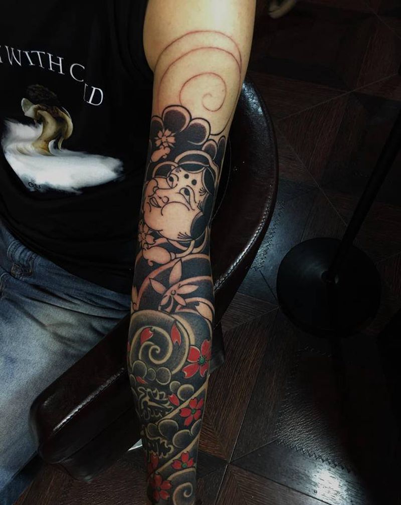 拼接老传统纹身图片_手臂肩部纹身图案