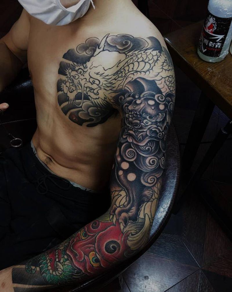 龙 唐狮 般若花臂老传统纹身图片_手臂手部纹身图案