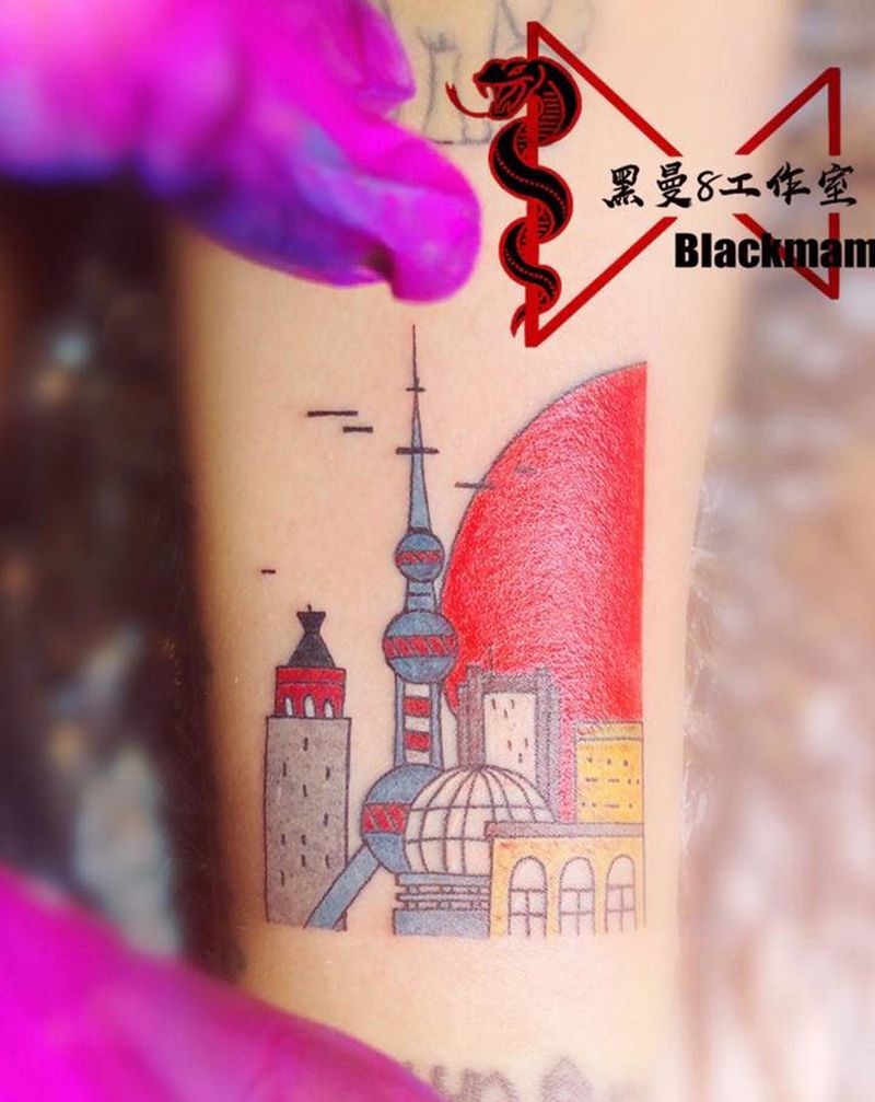 上海记忆纹身图片_手臂New School城市卡通纹身图案