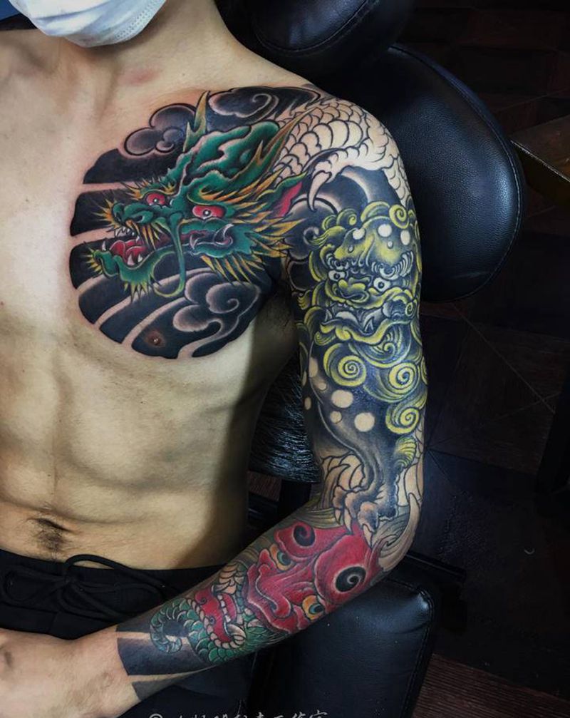 龙 唐狮 般若 花臂纹身图片_臀部手臂老传统新传统纹身图案