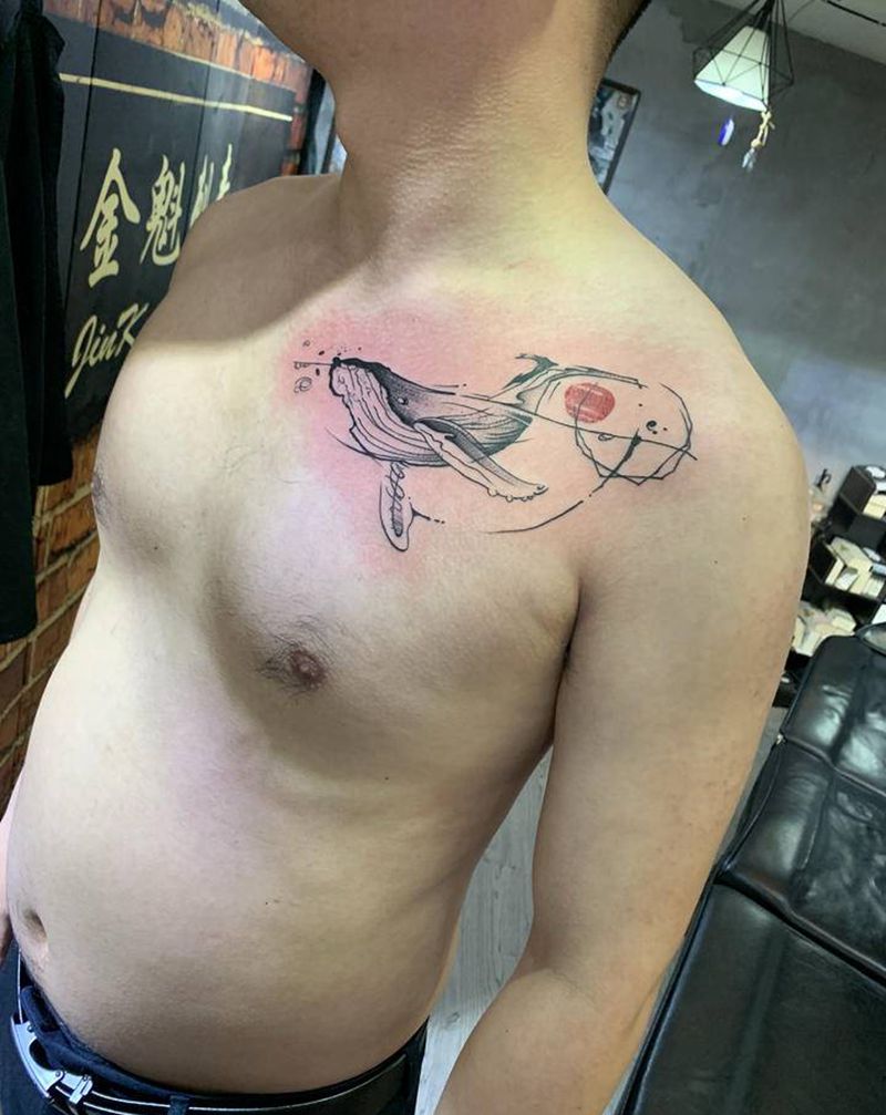 海蓝时见鲸纹身图片_胸部肩部几何点刺鱼鲸鱼点刺纹身图案