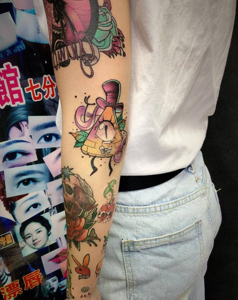 花臂拼接纹身图片_手臂New School水彩纹身图案