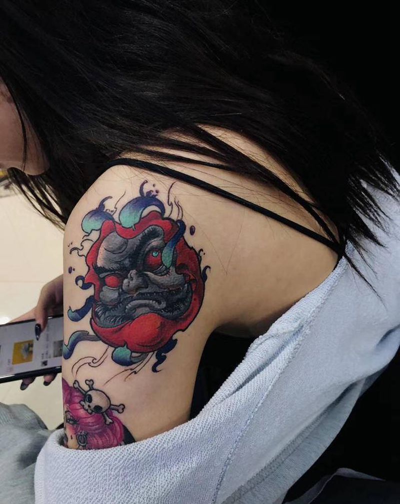 花臂拼接达摩蛋纹身图片_New School水彩纹身图案