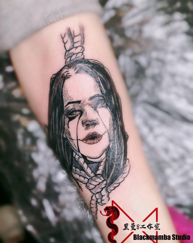 丧系～自愈纹身图片_手臂欧美写实暗黑女人素描纹身图案