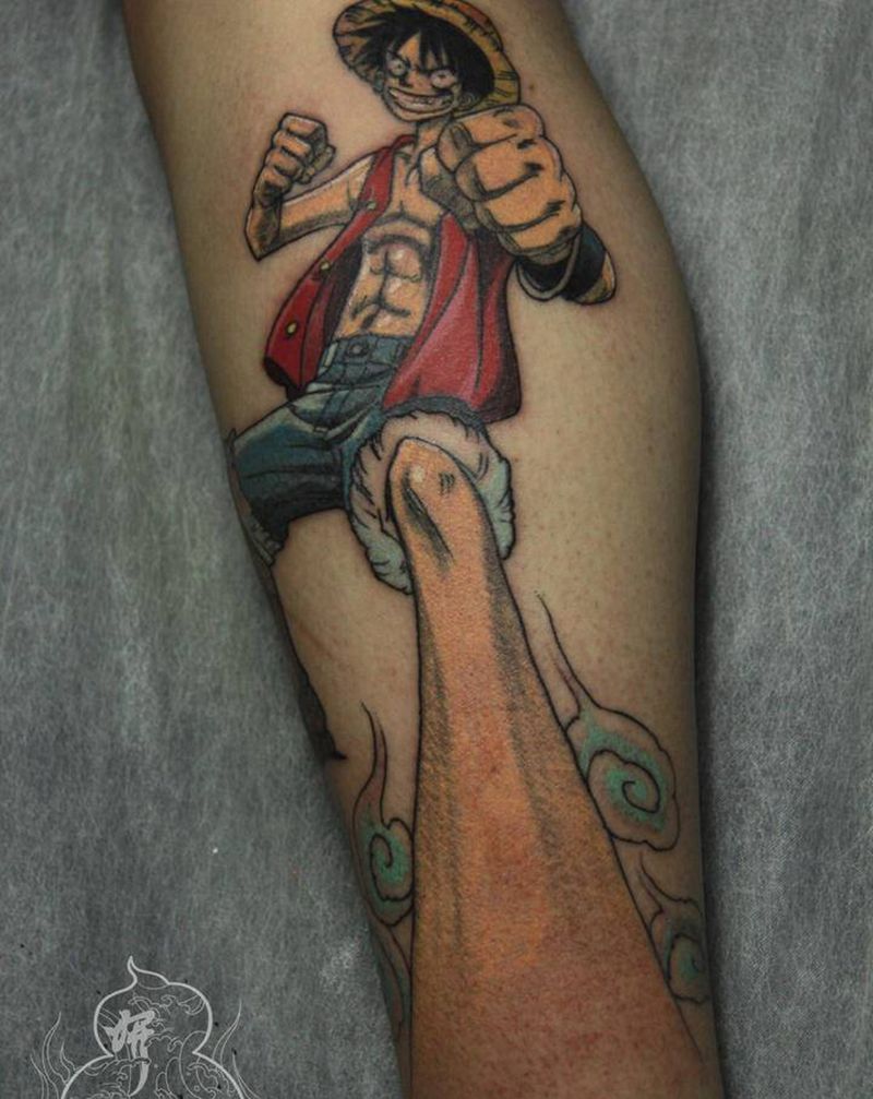 路飞纹身图片_腿部路飞纹身图案