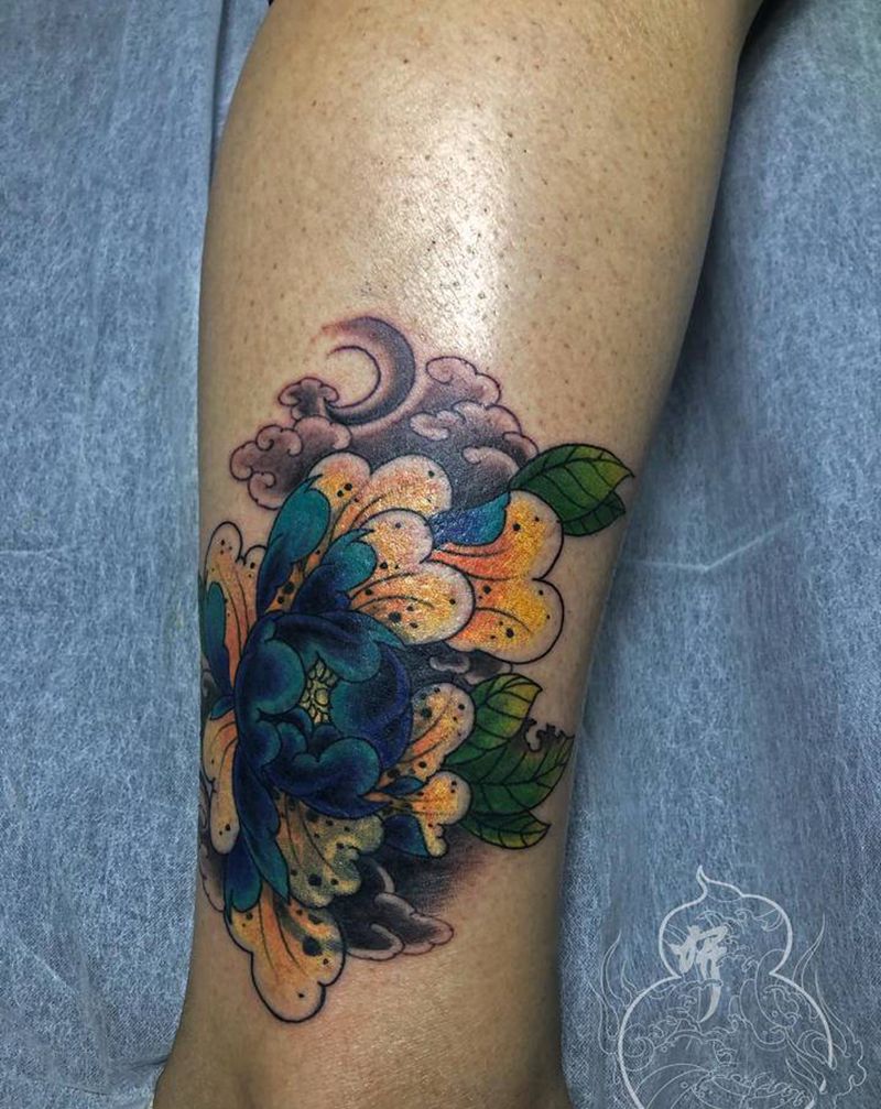 遮盖图腾纹身图片_腿部老传统新传统牡丹纹身图案