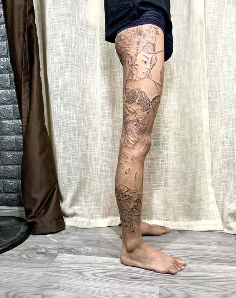 花腿未完纹身图片_腿部臀部新传统花腿纹身图案