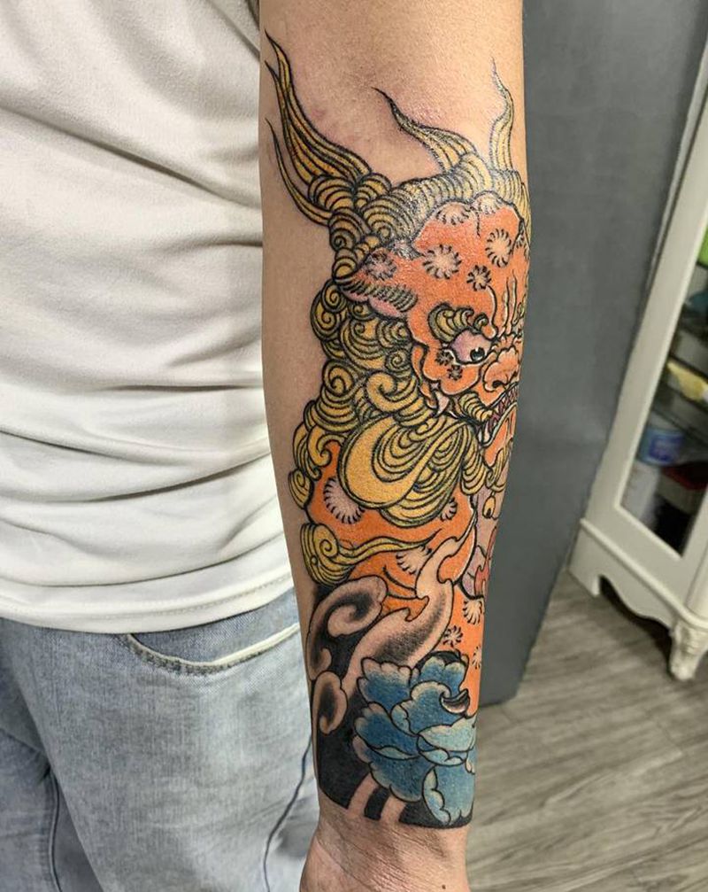 唐狮子 修改上色纹身图片_手臂新传统唐狮子小手臂修改纹身图案