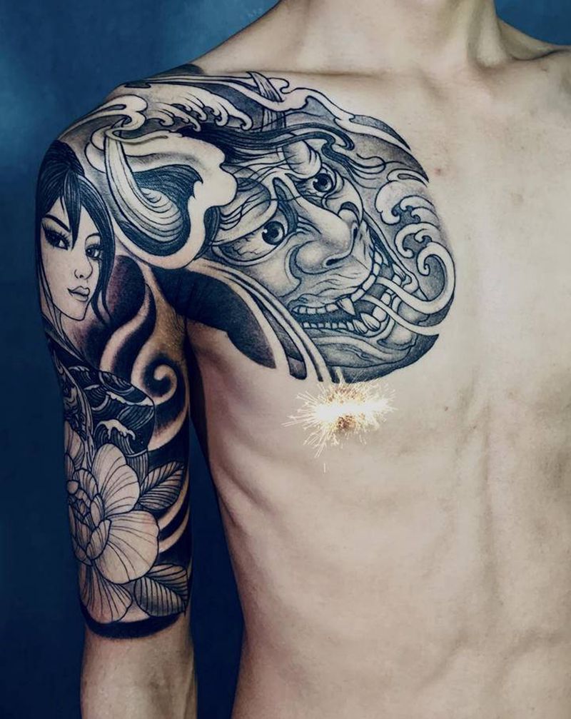 般若 武士姬半胛纹身图片_手臂胸部新传统艺妓般若半胛纹身图案