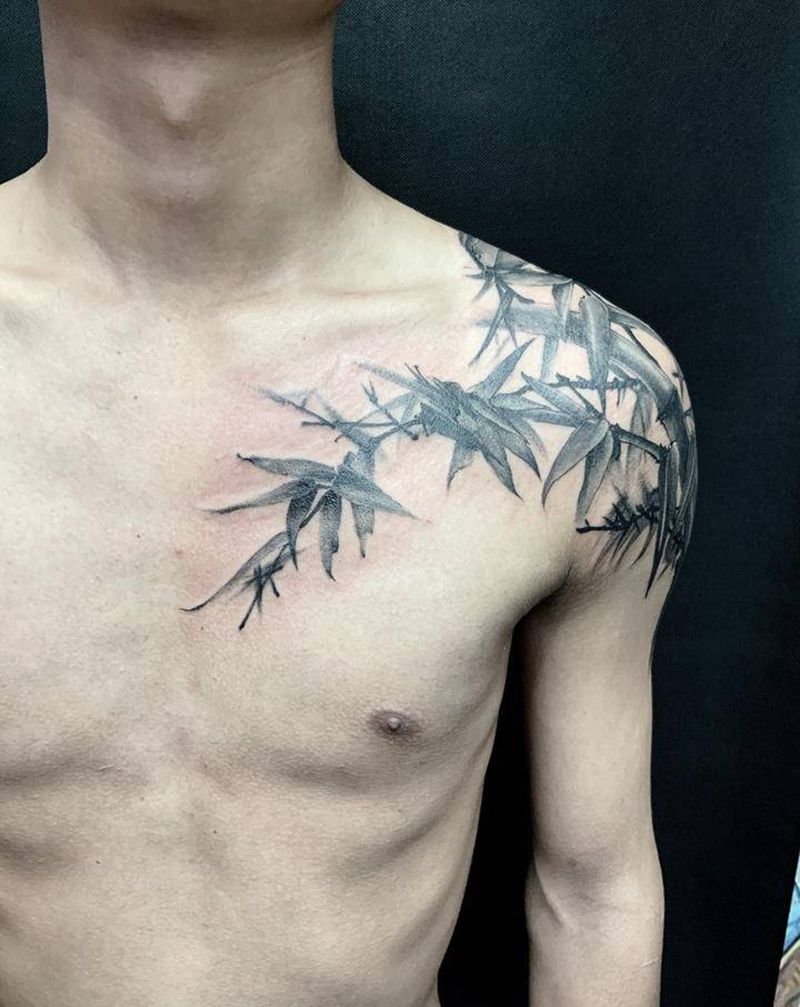 水墨竹叶纹身图片_手臂水墨纹身图案