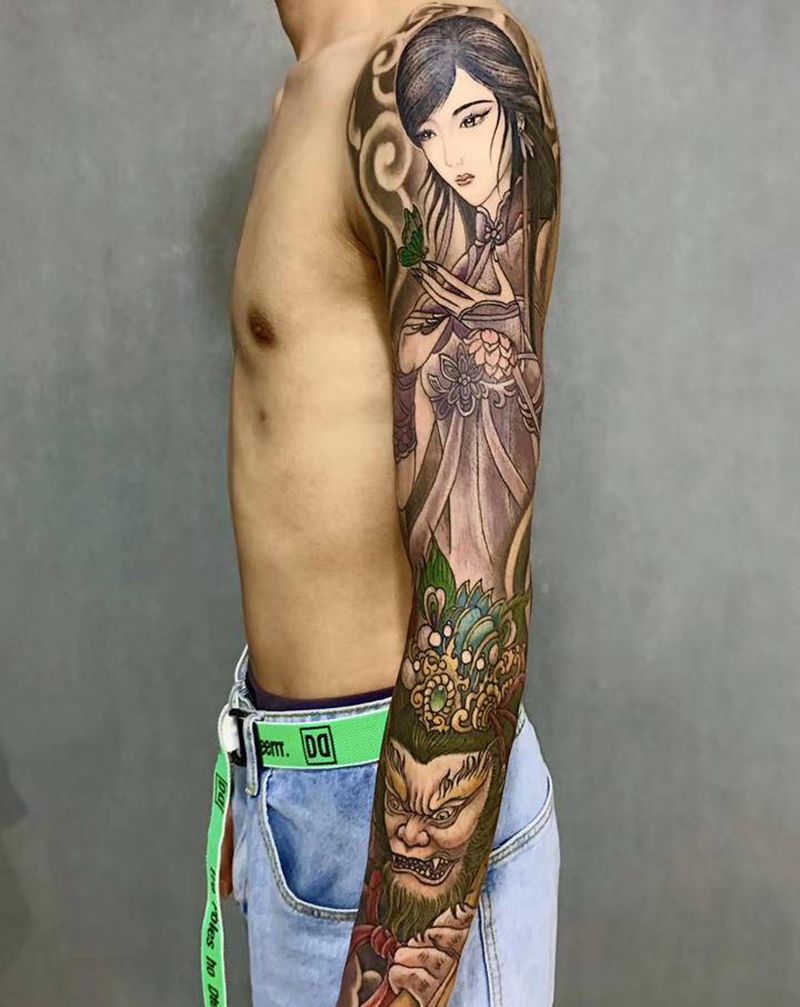 花臂:紫霞仙子 齐天大圣纹身图片_手部手臂新传统花臂齐天大圣至尊宝纹身图案