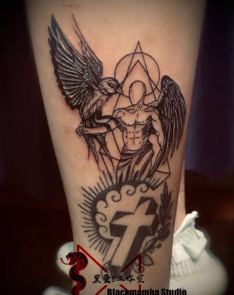 添加作品～Fly纹身图片_腿部欧美写实几何天使小鸟翅膀纹身图案