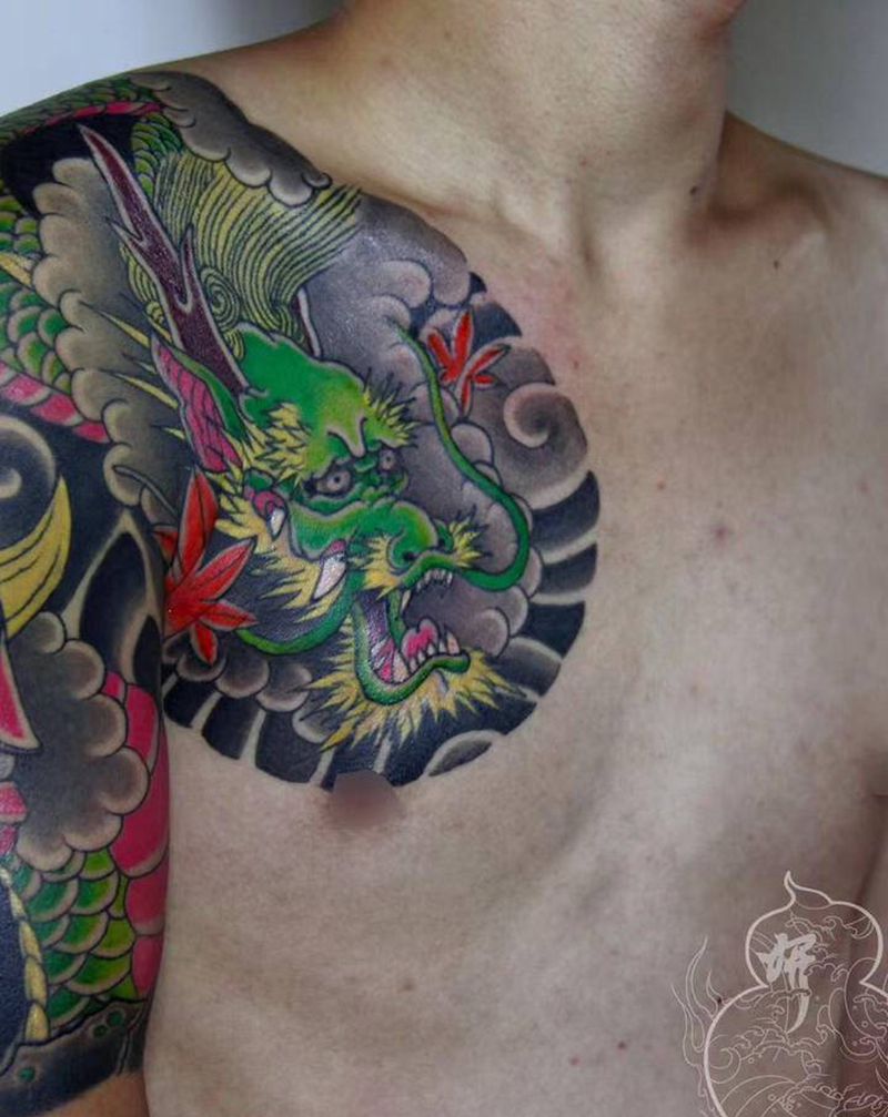 半甲纹身图片_手臂胸部老传统新传统般若龙纹身图案