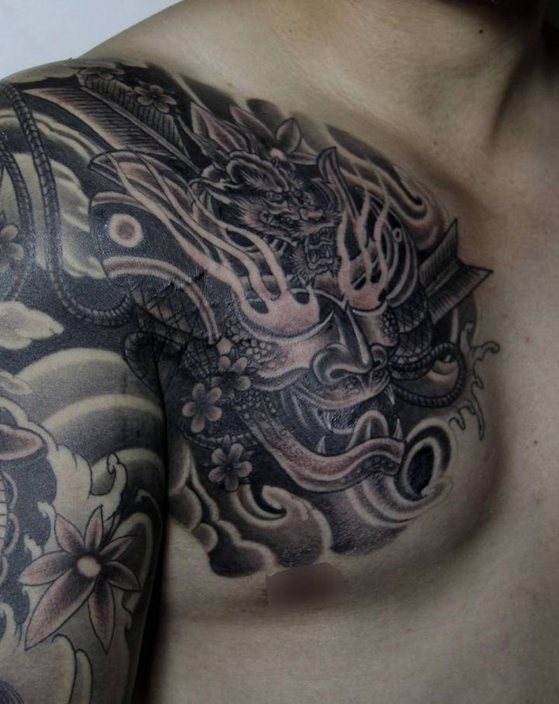 半甲 鬼武士纹身图片_手臂胸部新传统老传统鬼武士纹身图案